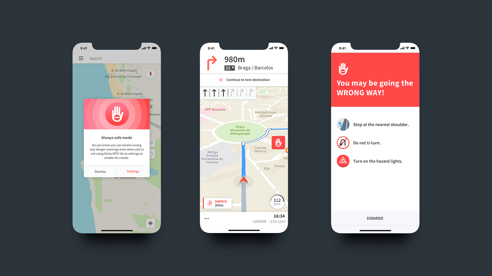 three app screenshots showing how the wrong-way driver feature works.